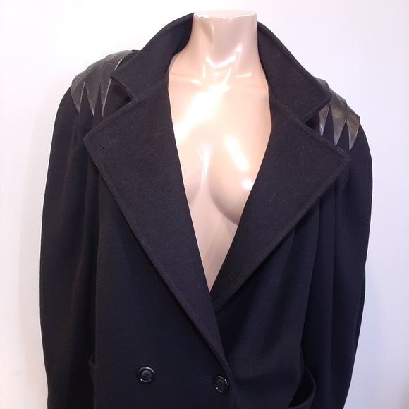 Vintage Luba Paris Pure Wool Coat Leather Double Breasted Black Oversized - Picture 6 of 15